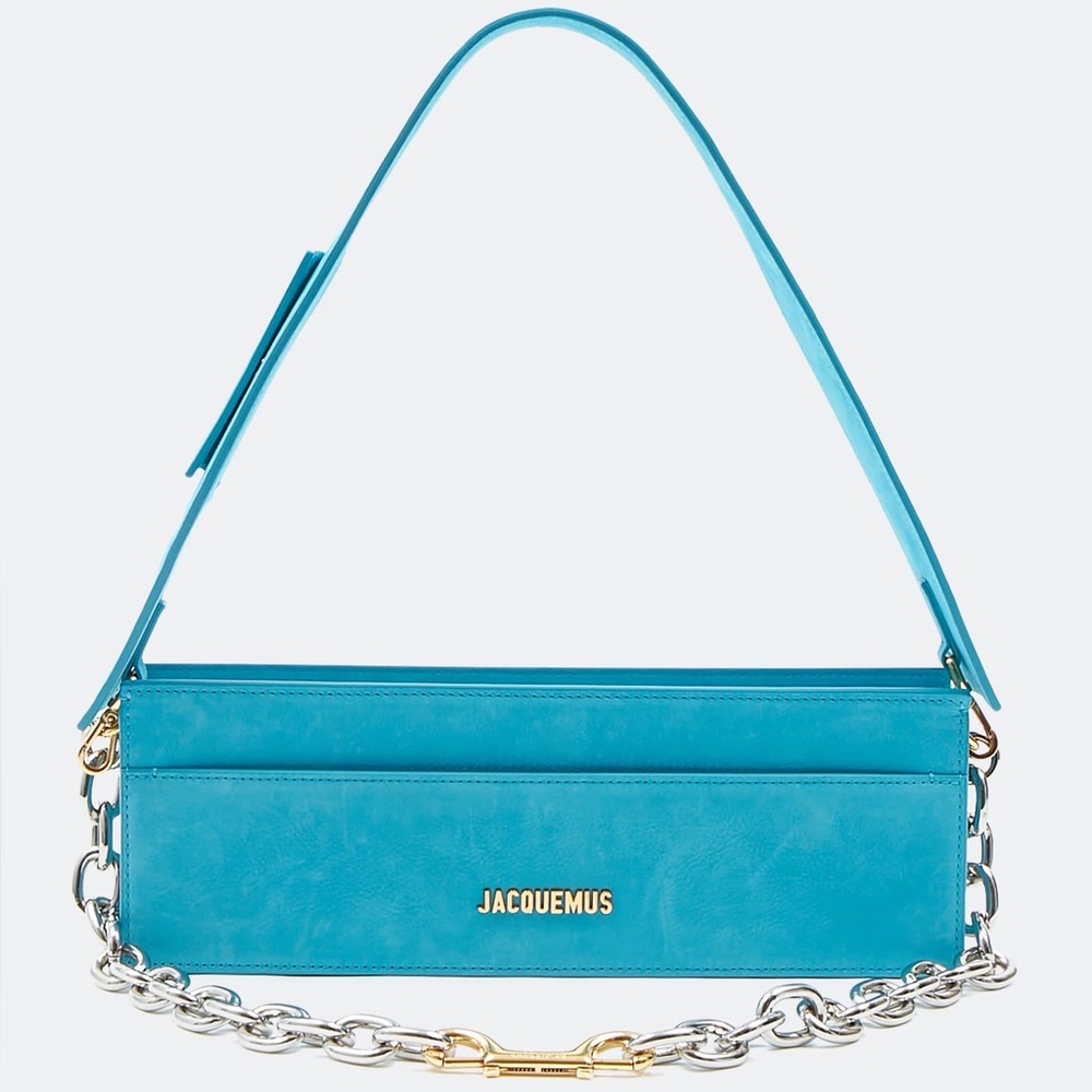 Jacquemus Bright Turquoise Leather Shoulder Bag with Chain